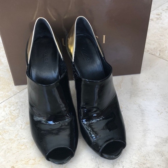 Gucci Black Stiletto Open Toe Booties Gold Back -8 - Picture 3 of 10